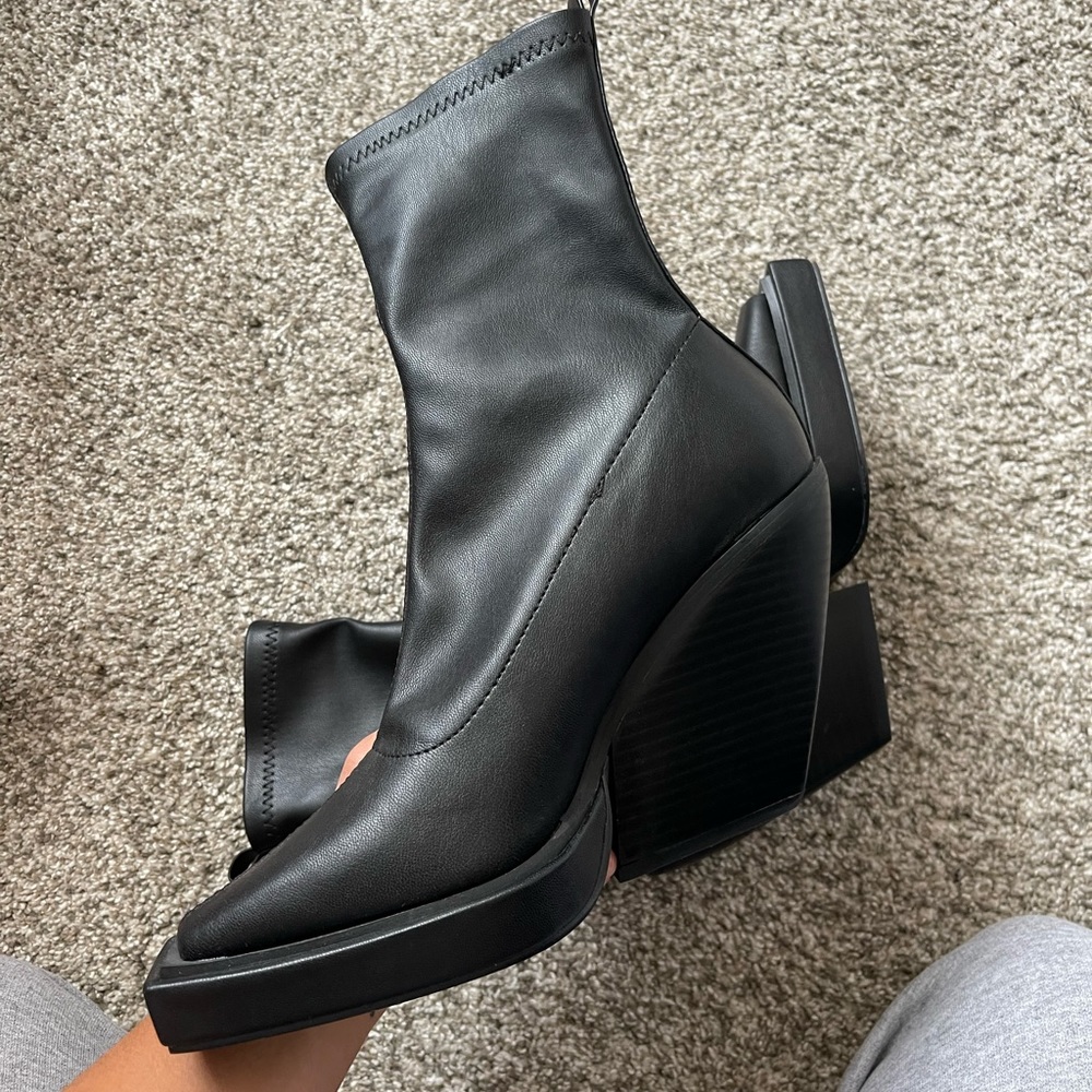 Public Desire Black Square Toe Chunky Boots